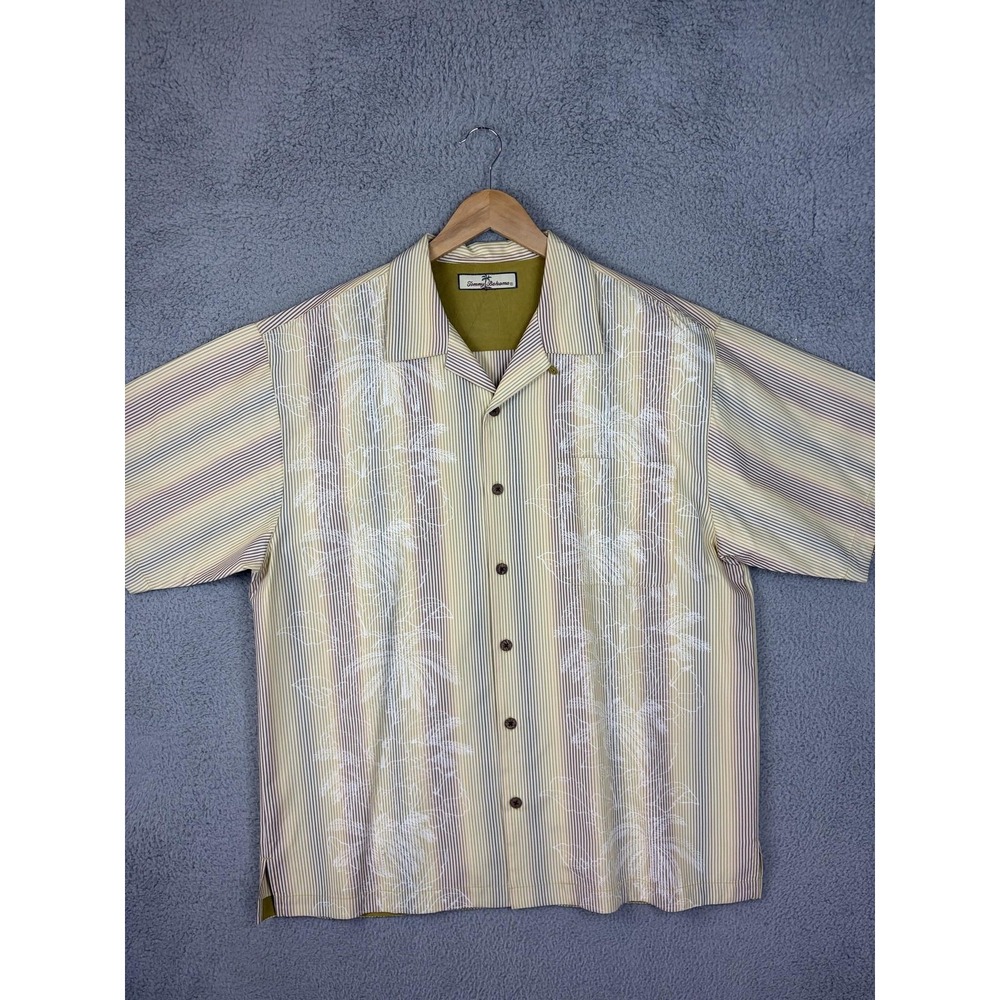 Tommy Bahama Shirt Mens 2XL Beige Stripe Palm Short Sleeve Button Camp Casual